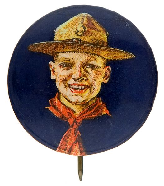 BOY SCOUTS OF AMERICA 1930s BUTTON WITH NORMAN ROCKWELL ART. 
