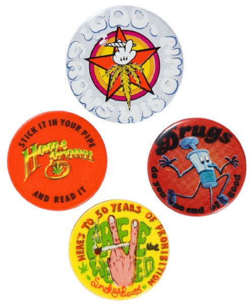DRUG CULTURE FOUR GRAPHIC ENGLISH BUTTONS. 