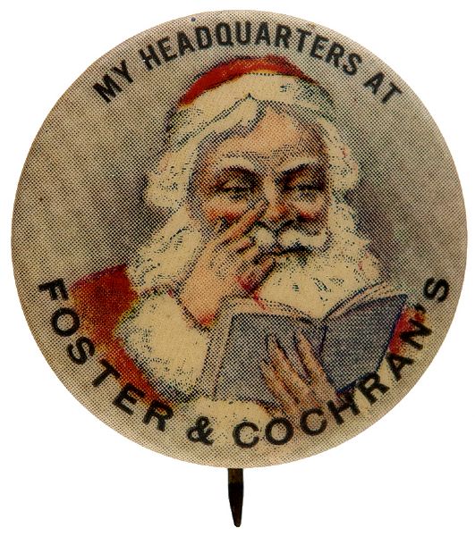 EARLY SANTA WITH FINGER TO NOSE AND HIS BOOK OF GOOD / BAD CHILDREN BUTTON.   