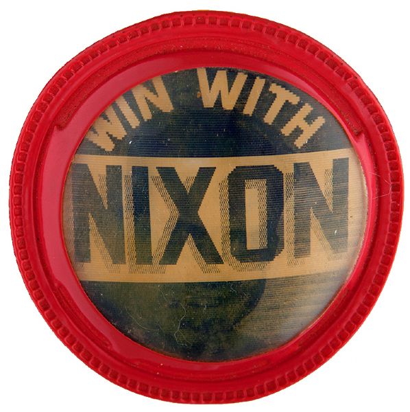 “WIN WITH NIXON” 1960 FLASHER IN SCARCE RED RIMMED CASE BUTTON.       
