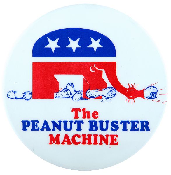 ANTI-CARTER “THE PEANUT BUSTER MACHINE” ILLUSTRATED BUTTON FROM GERALD FORD CAMPAIGN 1976.
