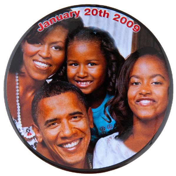 OBAMA FAMILY “JANUARY 20TH 2009” NUMBERED #67 OF 100 MADE INAUGURATION BUTTON.