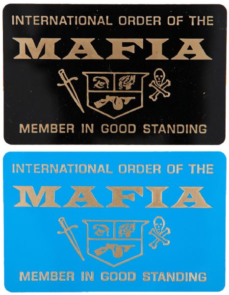 SPOOF PAIF OF MAFIA MEMBERSHIP PLASTIC CARDS CIRCA 1980.