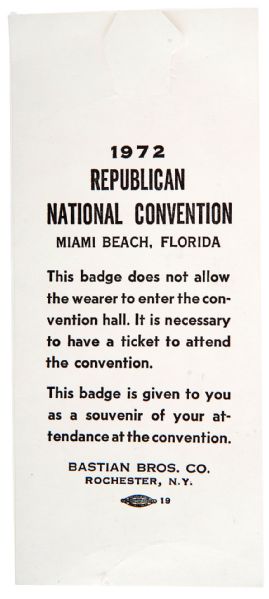 1972 REPUBLICAN NATIONAL CONVENTION DELEGATE BADGE WITH CARD.