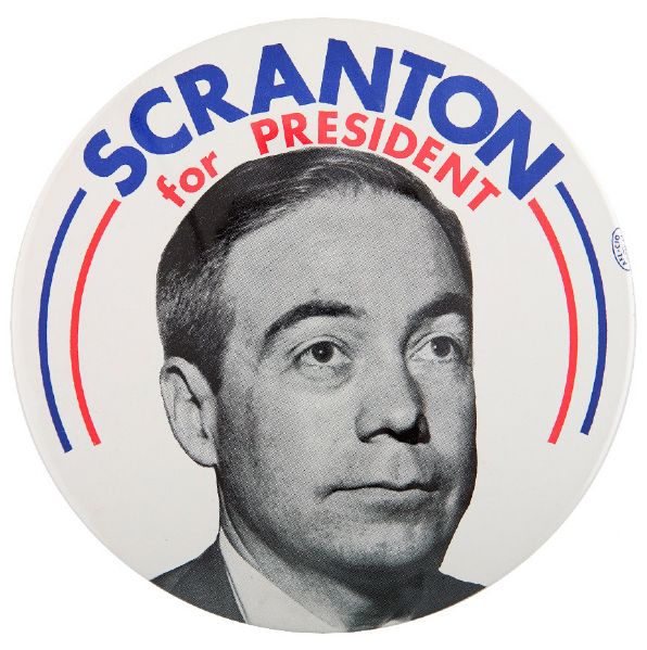 “SCRANTON FOR PRESIDENT” GIANT 6” 1964 HOPEFUL BUTTON.