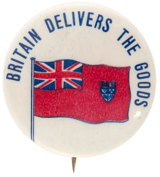“BRITIAN DELIVERS THE GOODS” WITH FLAG WORLD WAR II BUTTON.