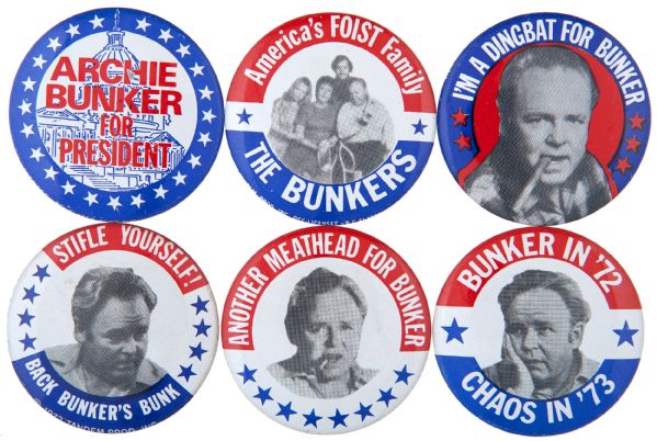 ALL IN THE FAMILY TV SHOW ARCHIE BUNKER 6 SPOOF PRESIDENTIAL CAMPAIGN BUTTONS FROM 1972.