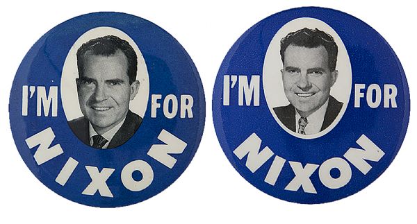 TWO 1960 VARIETIES “I’M FOR NIXON” BUTTON PAIR WITH HAKE GUIDE #2035 AND UNLISTED VARIATION.
