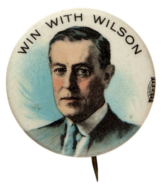 “WIN WITH WILSON” 1912 HAKE GUIDE #32 BUTTON.