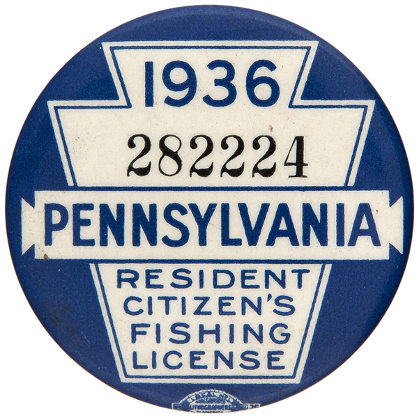 “1936 PENNSYLVANIA RESIDENT CITIZEN’S FISHING LICENSE” NUMBERED BUTTON COMPLETE WITH PAPER LICENSE.
