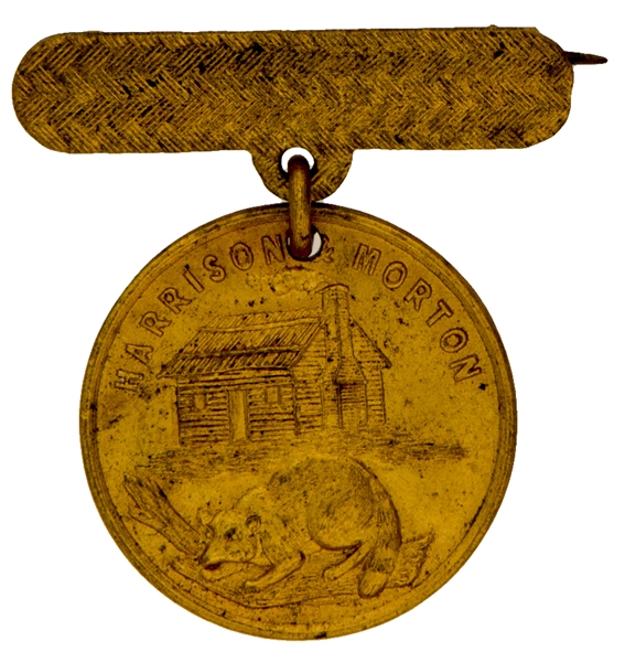 “HARRISON & MORTON” MEDALET WITH LOG CABIN AND RACCOON ON HANGER UNLISTED IN DeWITT GUIDE.