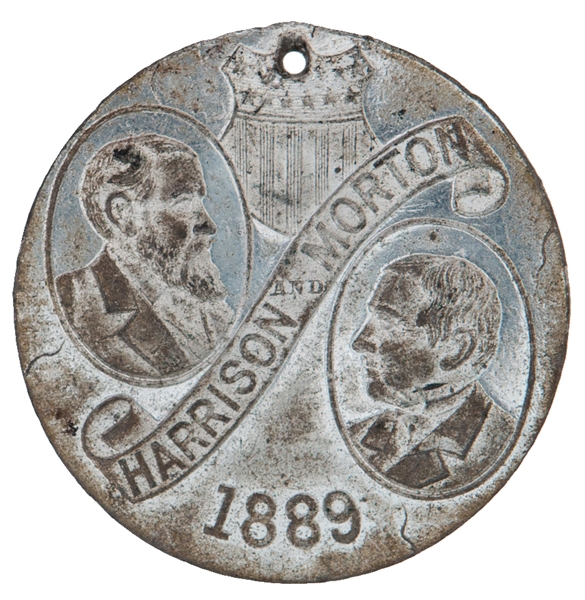 “HARRISON – MORTON 1889” JUGATE INAUGURATION MEDAL WITH WASHINGTON REVERSE IN WHITE METAL DEWITT #1888-8.