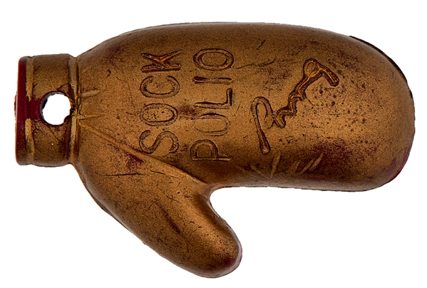“SOCK POLIO” WITH “BING” CROSBY FACSIMILE SIGNATURE BELOW ON MID 1940s PLASTIC BOXING GLOVE.