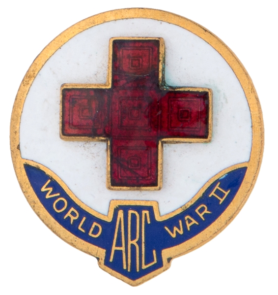 “WORLD WAR II / ARC” AMERICAN RED CROSS” OFFICIAL ENAMELED BRASS PIN.