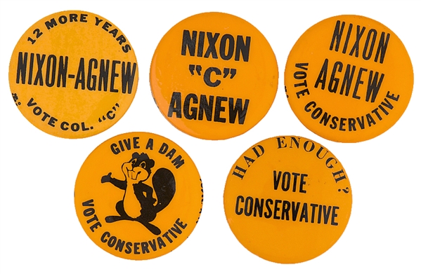 NEW YORK CONSERVATIVE PARTY 5 BUTTONS FROM 1972, 3 NAME NIXON.