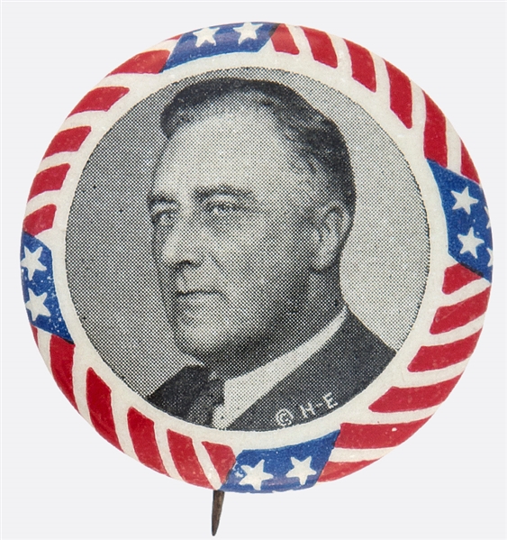 FRANKLIN ROOSEVELT 1932 PORTRAIT PRESIDENTIAL CAMPAIGN BUTTON WITH STARS AND STRIPS BORDER.