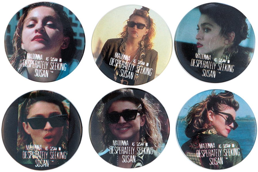 MADONNA AS SUSAN IN DESPERATELY SEEKING SUSAN 1985 MOVIE COMPLETE SET OF SIX BUTTONS.