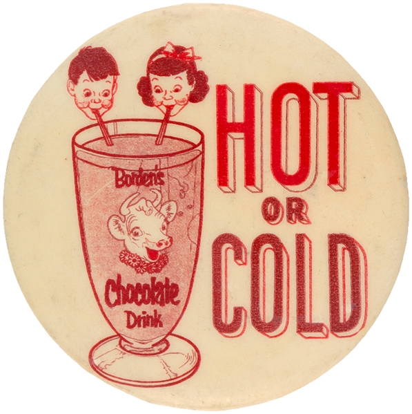 ELSIE “BORDEN’S CHOCOLATE DRINK / HOT OR COLD” CIRCA 1950 BUTTON BY EMRESS, NYC.
