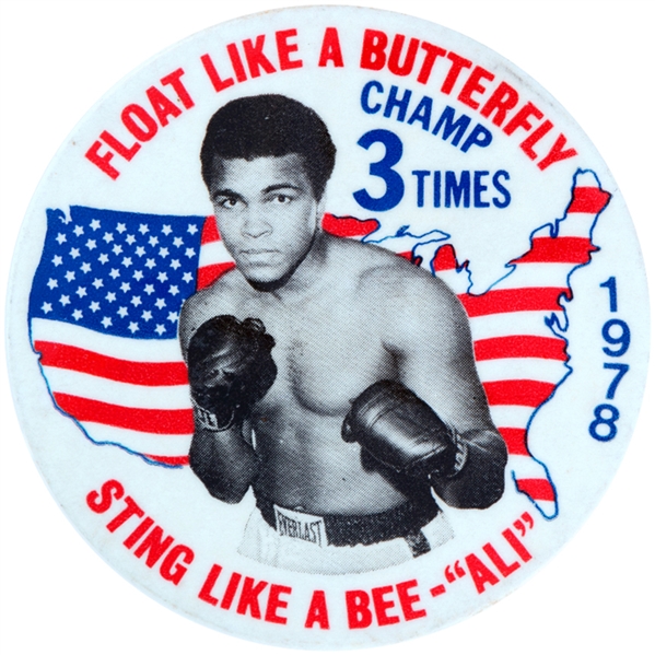 ALI – FLOAT LIKE A BUTTERFLY / CHAMP 3 TIMES 1978 SCARCE BUTTON.