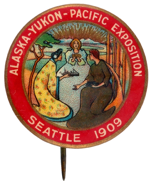 ALASKA-YUKON-PACIFIC/SEATTLE 1909 SUPER COLOR AND GRAPHICS WORLD’S FAIR BUTTON.          