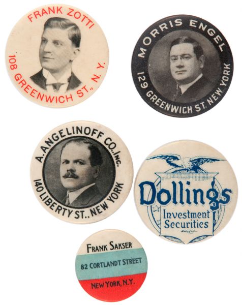 FINANCIAL SCANDAL, BANKERS, AND INVESTMENT COS: FIVE BUTTONS & CELLO BLOTTER.