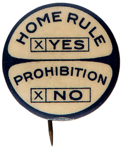 HOME RULE-YES PROHIBITION-NO TEMPERANCE ISSUE BUTTON.