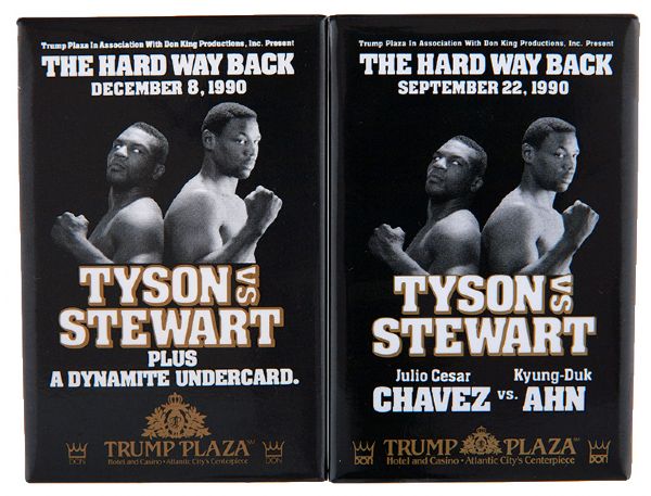 “TYSON VS STEWART – THE HARD WAY BACK” 1990 TRUMP PLAZA BOXING BUTTON PAIR.             