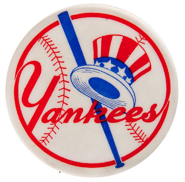 NEW YORK “YANKEES” BASEBALL BUTTON WITH GREASE PENCIL NOTATION.        