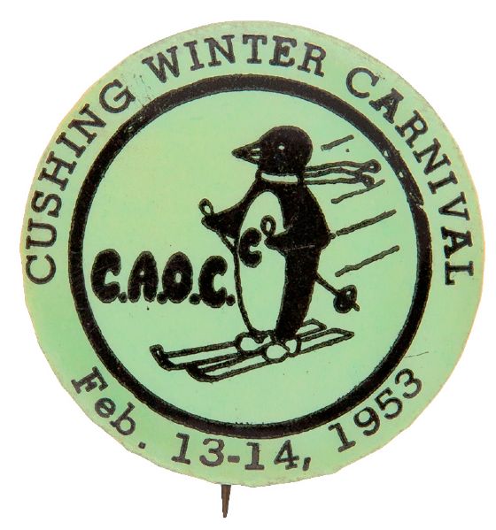 SKIING PENGUIN “CUSHING WINTER CARNIVAL” 1953 BUTTON.        