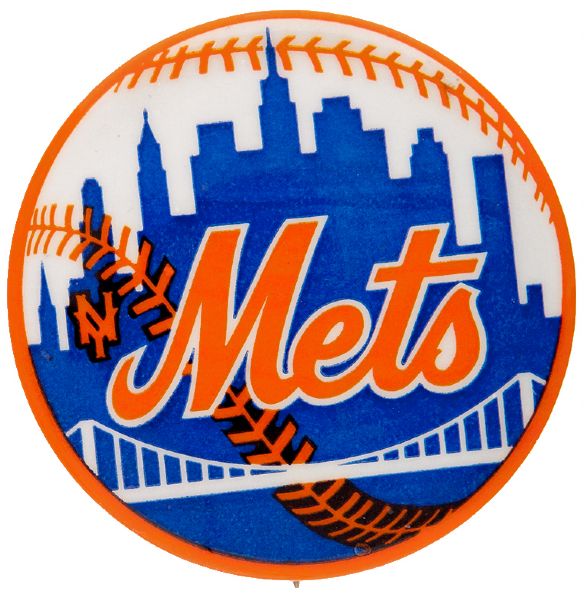 “METS” BASEBALL BUTTON WITH GREASE PENCIL NOTATION.