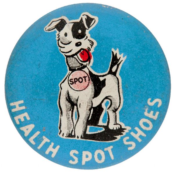 “HEALTH SPOT SHOES” 1950s CARTOON DOG BUTTON.     
