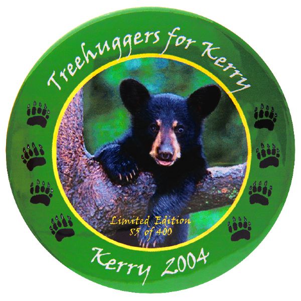JOHN KERRY “TREEHUGGERS FOR KERRY / KERRY 2004 / LIMITED EDITION 85 OF 400” BUTTON.