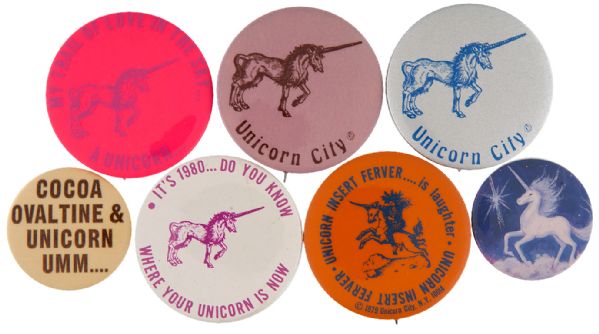  UNICORNS REFERENCED ON 7 BUTTONS CIRCA 1977-1980.