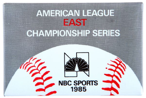 “NBC SPORTS 1985” IN HOUSE BASEBALL PROMO BUTTON PAIR FOR AMERICAN LEAGUE EAST AND WEST CHAMPIONSHIP SERIES.     