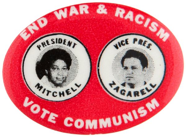 COMMUNIST PARTY 1968 OVAL JUGATE CAMPAIGN BUTTON.