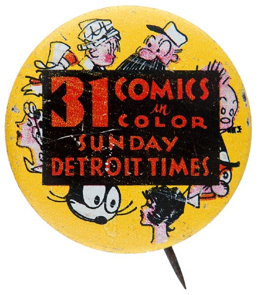 MULTI-CHARACTER BEAUTIFUL 1930s NEWSPAPER COMIC STRIP PROMOTIONAL BUTTON.