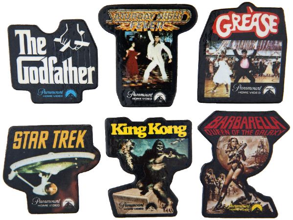 PARAMOUNT 1980 HOME VIDEO PROMO BUTTON BADGES FOR: BARBARELLA, THE GODFATHER, GREASE, KING KONG, SAT. NIGHT FEVER, STAR TREK.