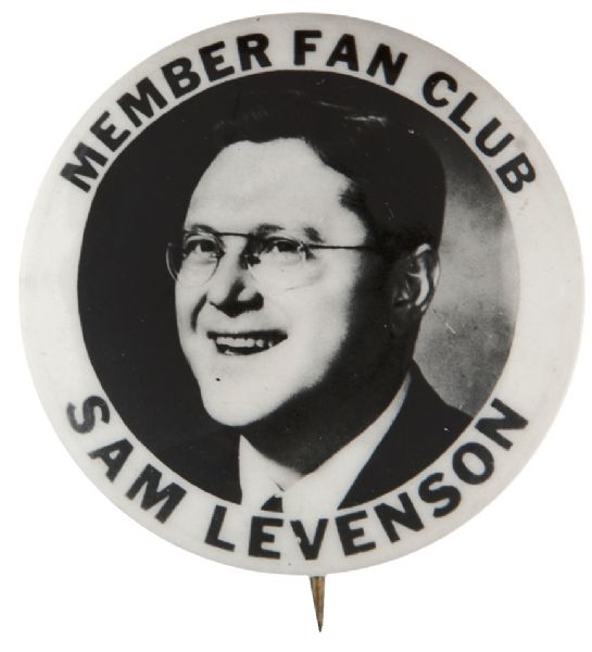 “MEMBER FAN CLUB – SAM LEVENSON” EARLY TV COMEDIAN / HOST CLUB BUTTON.