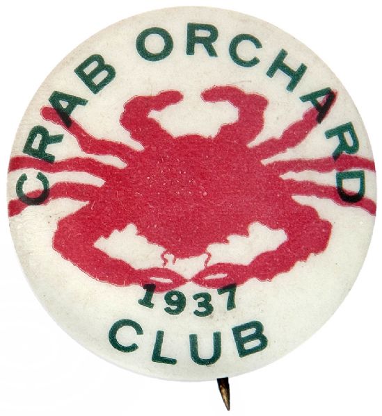 “CRAB ORCHARD CLUB 1937” RARE DEPICTION OF CRAB ON A BUTTON.