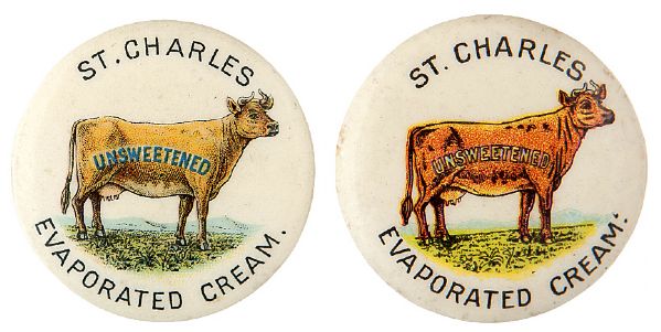 “ST. CHARLES EVAPORATED CREAM” COW BOTH VARIETIES ADVERTISING BUTTON PAIR.