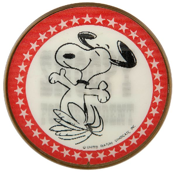 PEANUTS CHARACTER FLICKER CAMPAIGN BUTTON SNOOPY FOR PRESIDENT.