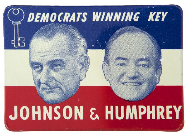 “DEMOCRATS WINNING KEY JOHNSON & HUMPHREY” HAKE GUIDE #13 LITHO JUGATE BUTTON.