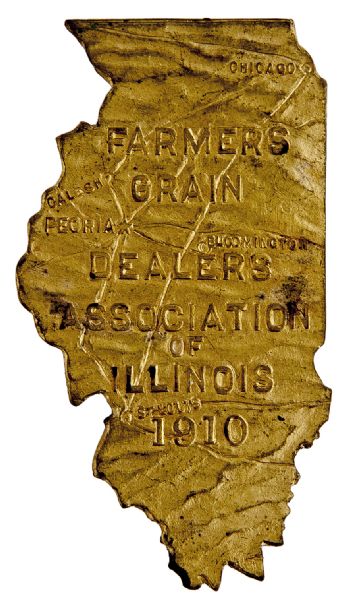 “FARMERS GRAIN DEALERS OF ILLINOIS 1910” STATE FIGURAL BRASS PIN.