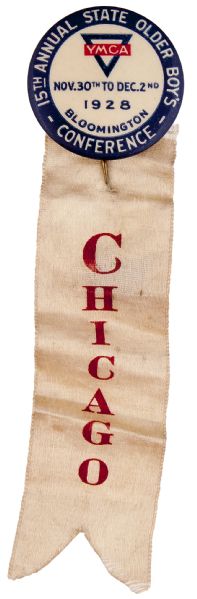 CHICAGO DELEGATION RIBBON AND BUTTON TO 1928 YMCA INDIANA CONFERENCE.