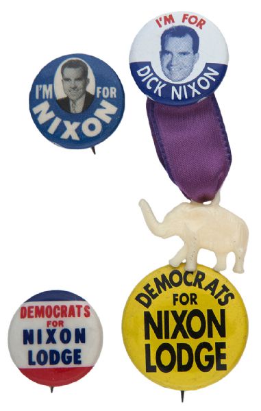 “I’M FOR NIXON” AND “DEMOCRATS FOR NIXON LODGE” 1960 BUTTON LOT OF 4 INCLUDING HAKE GUIDE #20 #26 #43 #2132.