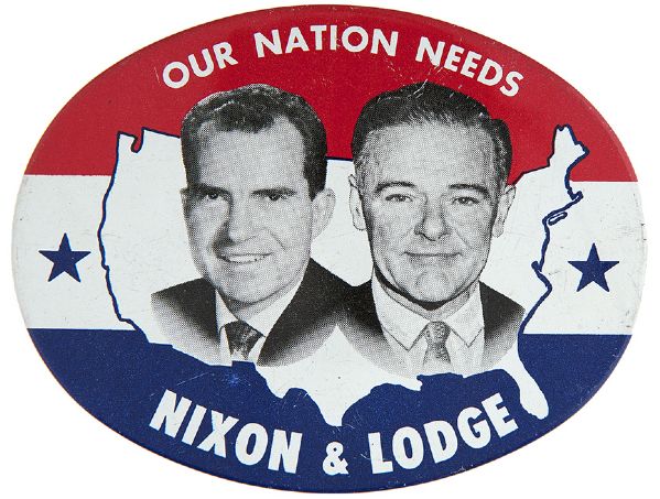 “OUR NATION NEEDS NIXON & LODGE” 1960 HAKE GUIDE #2009 OVAL JUGATE LITHO BUTTON.