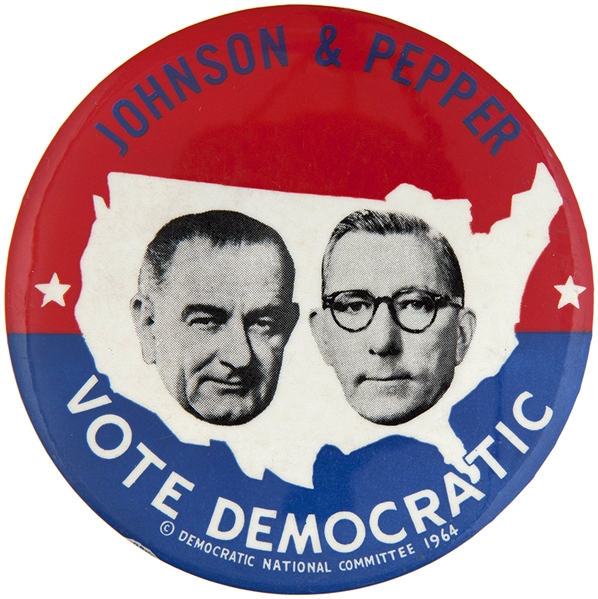 “JOHNSON & PEPPER / VOTE DEMOCRATIC” FLORIDA COAT TAIL HAKE GUIDE #2043 BUTTON.