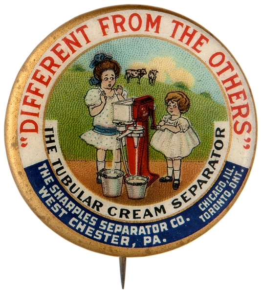 SHARPLES CREAM SEPARATOR SCARCEST BUTTON IN SET OF SIX ADVERTISING BUTTONS.