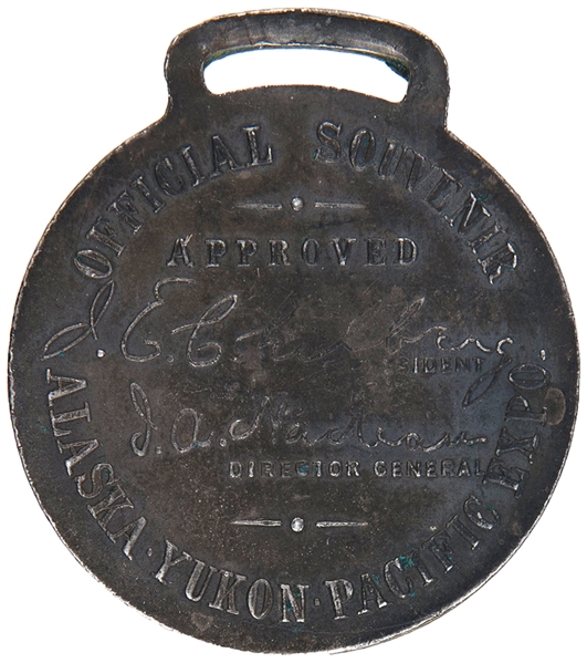 “ALASKA YUKON PACIFIC EXPOSITION” LOGO WITH ART NOUVEAU LADIES ON 1909 SILVERED BRASS “OFFICIAL” WATCH FOB.