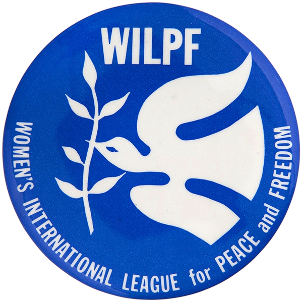 LARGE 1981 “WILFPF/WOMEN’S INTERNATIONAL LEAGUE FOR PEACE AND FREEDOM” BUTTON.